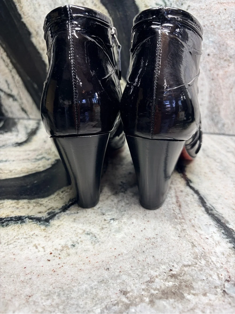 Silvano Lattanzi Black Patent Leather Buckle Ankle Boots Heels Size 38 Italy